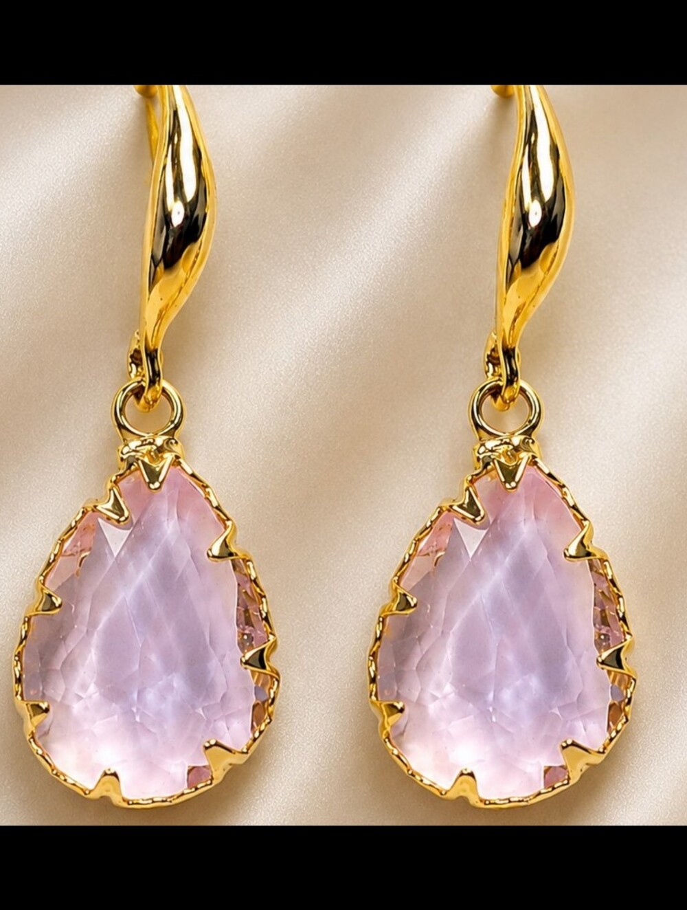 Pink Crystal Teardrop Earrings Gold Tone Water Drop Dangles October Birthstone